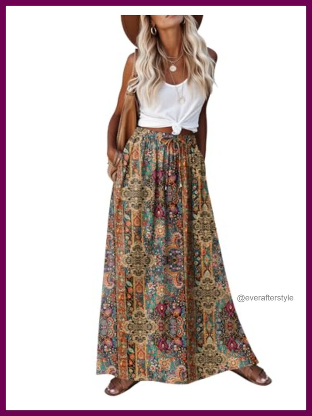 Boho Floral Maxi Skirt High Waist A-Line with Pockets